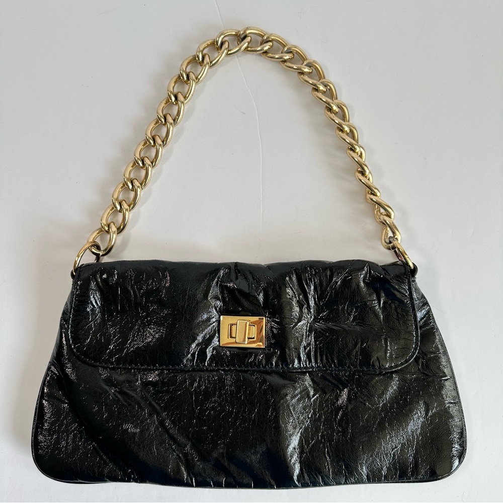 Black Shoulder Bag with Gold Chain Strap Faux Patent Leather Clutch Purse‎ Glam